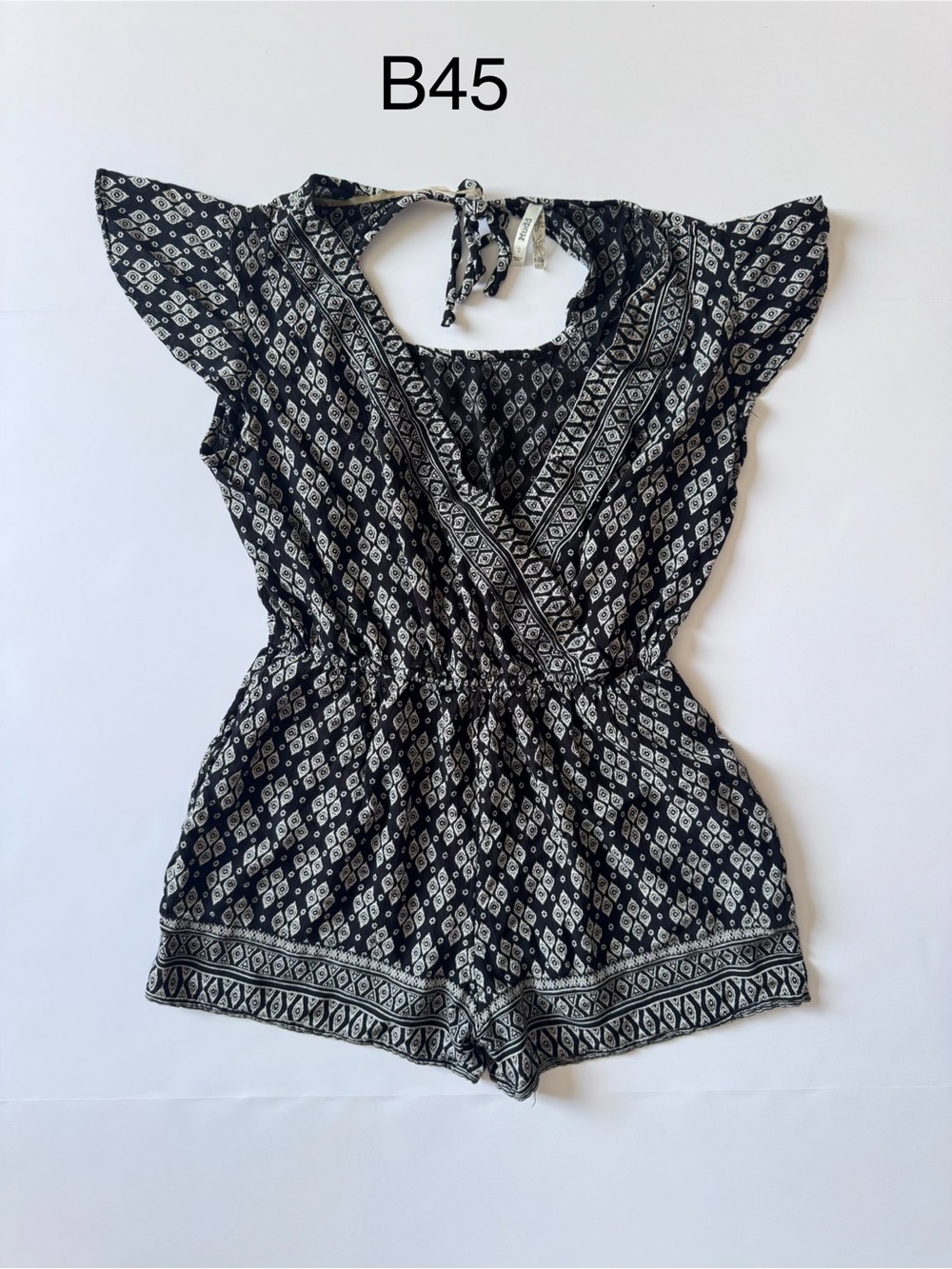 Mudd Black and White Printed Romper with Tie Waist